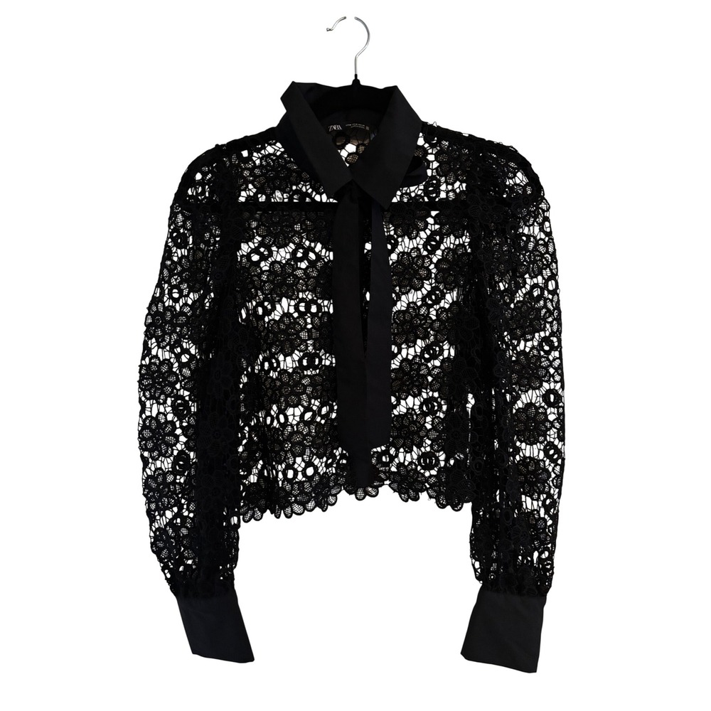 Zara Black Floral Guipure Lace Tie Neck Blouse Long Sleeve Sheer Top Medium